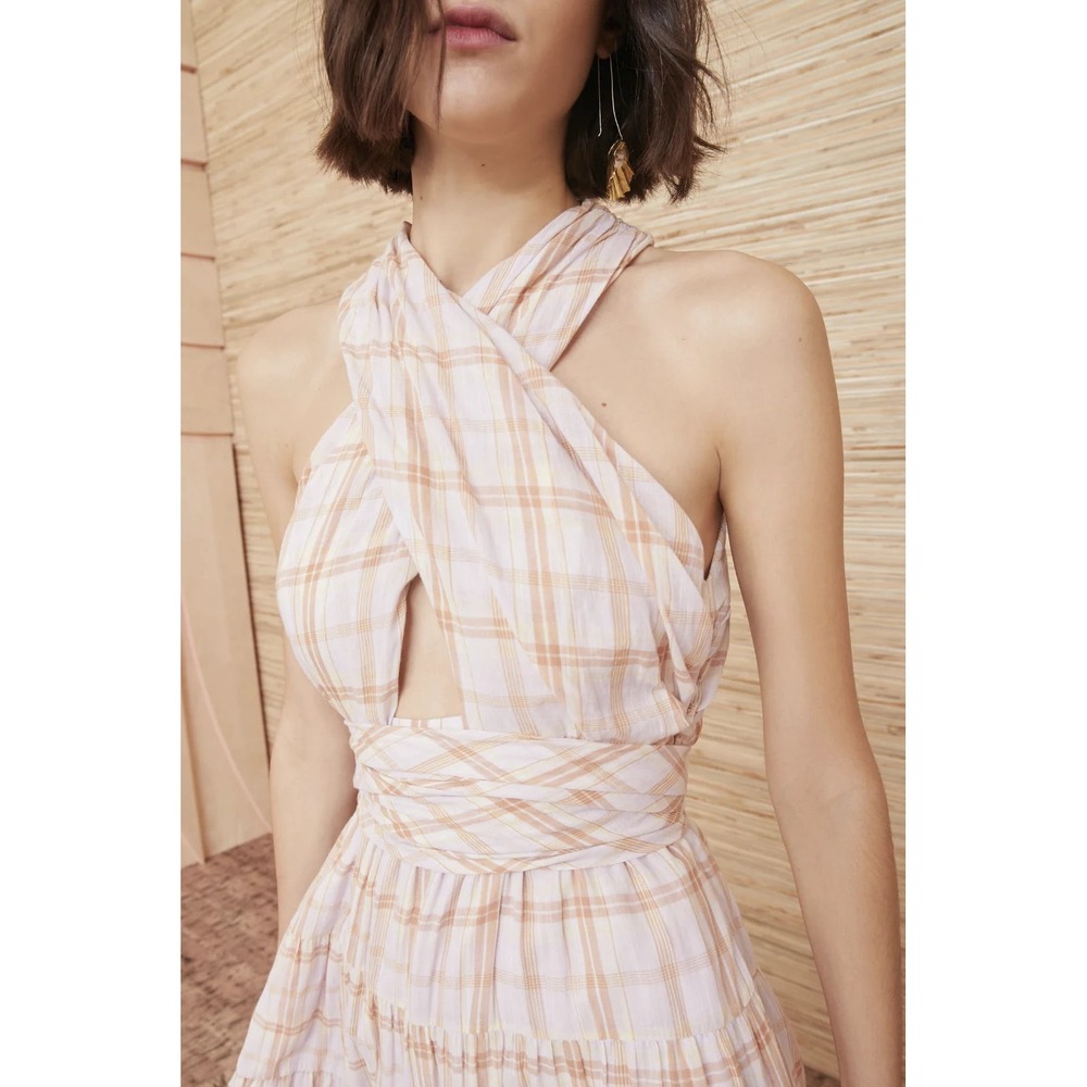 *Flaw Ulla Johnson Noelle Wrap Dress Plaid Midi Fit Flare Criss Cross Tie Size 4 - Picture 4 of 16